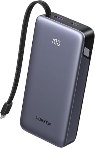 UGREEN Power Bank, 20000mAh 45W Snel Opladen met Geïntegreerde USB-C Kabel & Bidirectionele 45W PD, Externe Mobiele Telefoon Batterij Compatibel met Galaxy S25+/Ultra, iPhone Series