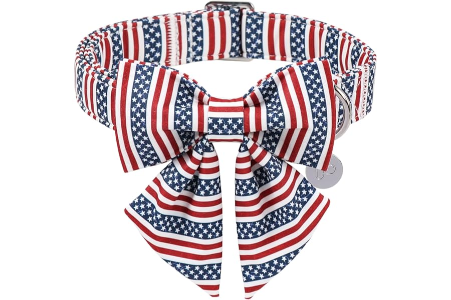 UP URARA PUP Dog Collar with Bow Tie, 4th of July Comfortable Cotton Dog Collar, American Flag Collar for Puppy Girl Boy Dog or Cat, Patriotic Bowtie Collar with Metal Buckle, M