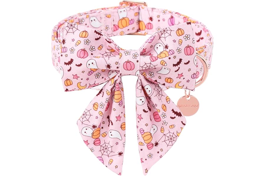 UP URARA PUP Halloween Dog Collar with Flower, Pink Halloween Puppy Flower Collar with Adjustable Metal Buckle,Fancy Halloween Dog Collar Bowtie Gift for Girl Boy Dog,XL