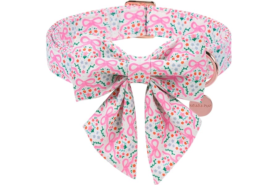 UP URARA PUP Pink Bow & Floral Dog Collar, Spring Summer Soft Cotton Dog Collar with Premium Quick Release, Adjustable and Comfortable Pet Collar for Small, Medium, and Large Dogs