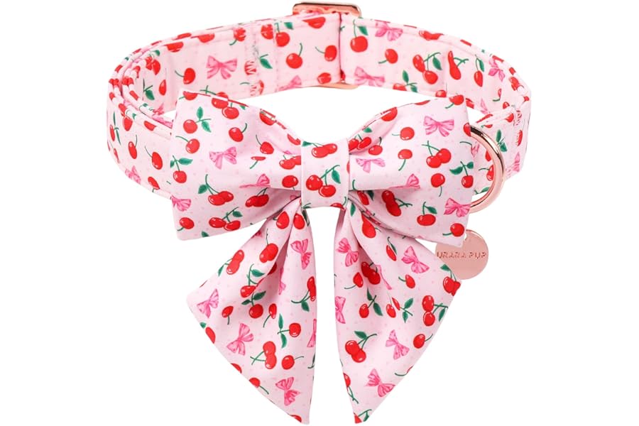 UP URARA PUP Spring and Summer Dog Collar with Bow Tie, Cherry Bowtie Collar Adjustable for Girl Boy Dog, Spring Pink Bow Collar for Dogs, S