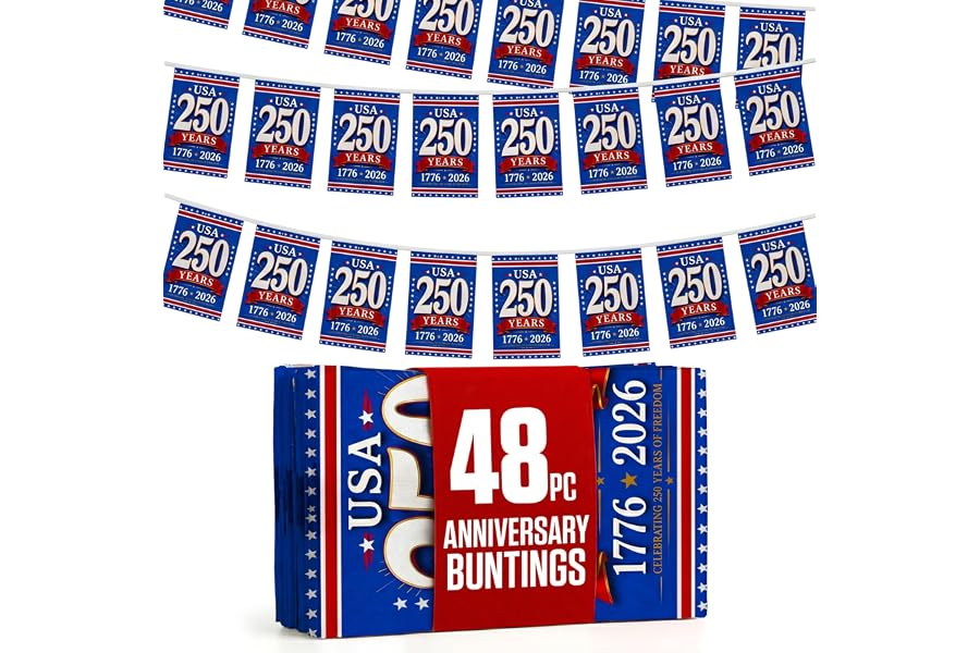 USA 250th Anniversary Blue Bunting 48pcs Flag 14x21cm String - 49ft Double-Sided Printed with Polyester Rope - 1776-2026 for 4th of July, Community, parades & Semi-quincentennial Decor
