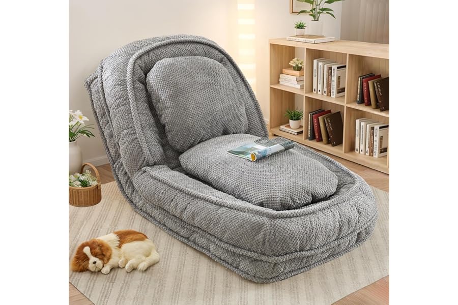 Upholstered Human Dog Bed for Adult & Pets, Convertible Lazy Sofa Bed with 5 Adjustable Position, Comfy Tatami Bean Bag Lounge Chair with 2 Soft Pillows for Bedroom Living Room Office (Gray)