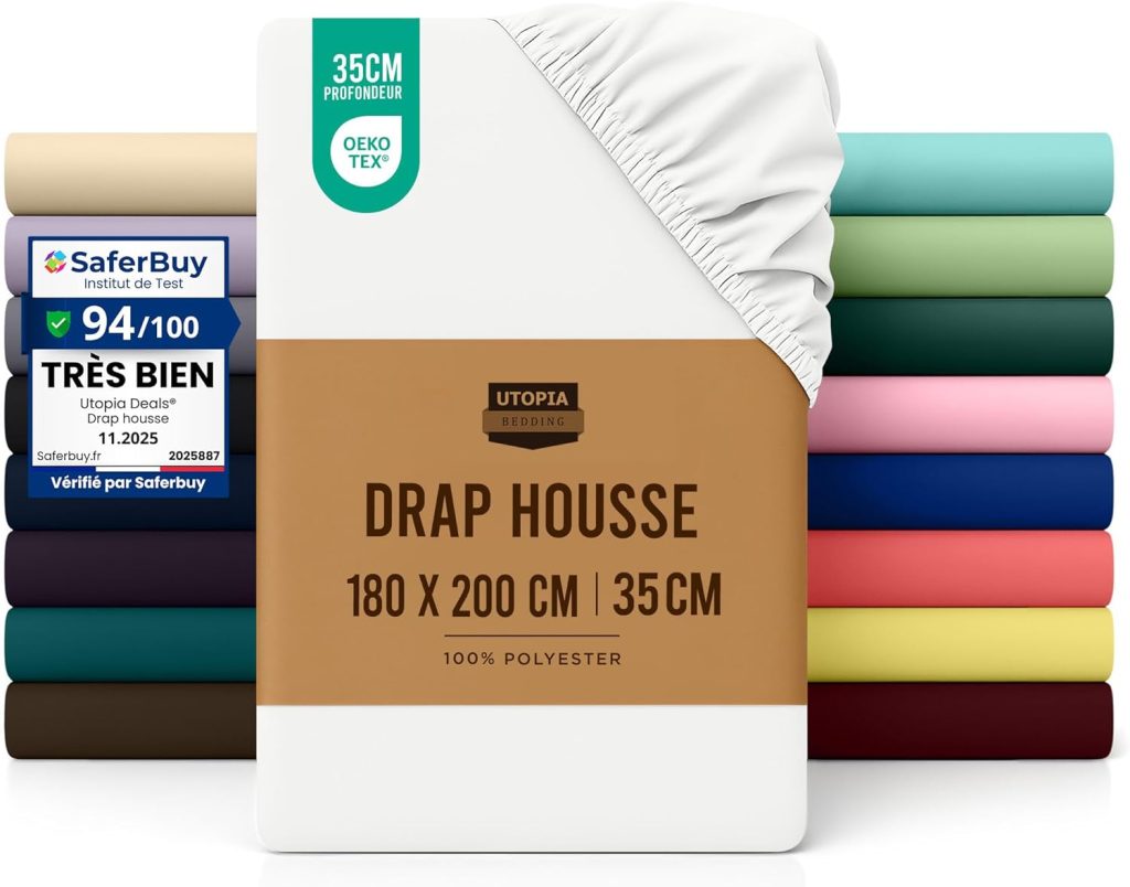 Utopia Bedding Drap Housse Blanc 180x200 cm Microfibre Oeko-Tex