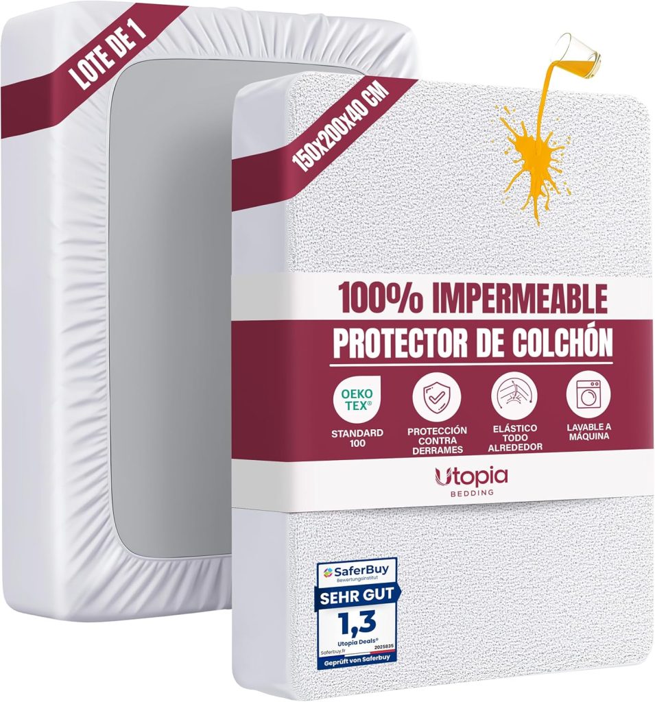 Utopia Bedding Protector Colchón 150 x 200 x 40 cm Impermeable, Certificación Oeko-Tex Funda Colchón, Cubre Colchón Transpirable, Elástico En Todo El Contorno