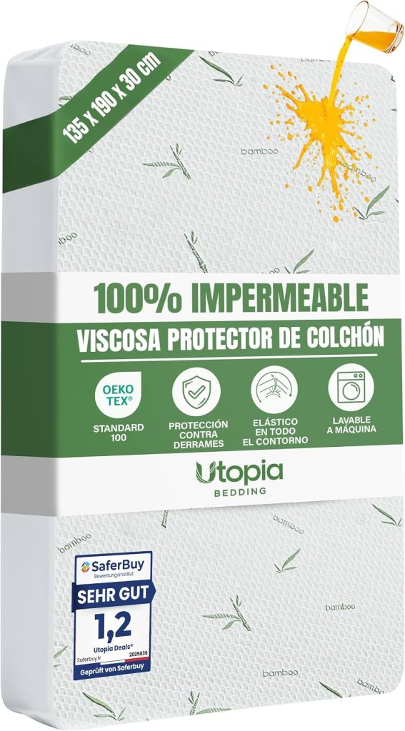 Utopia Bedding Protector de Colchón 135 x 190 x 30 cm Impermeable, Viscosa Premium, Certificación Oeko-Tex, Cubre Colchón Transpirable, Elástico En Todo
