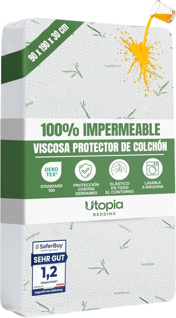 Utopia Bedding Protector de Colchón 90 x 190 x 30 cm Impermeable, Viscosa Premium, Certificación Oeko-Tex, Cubre Colchón Transpirable, Elástico En Todo