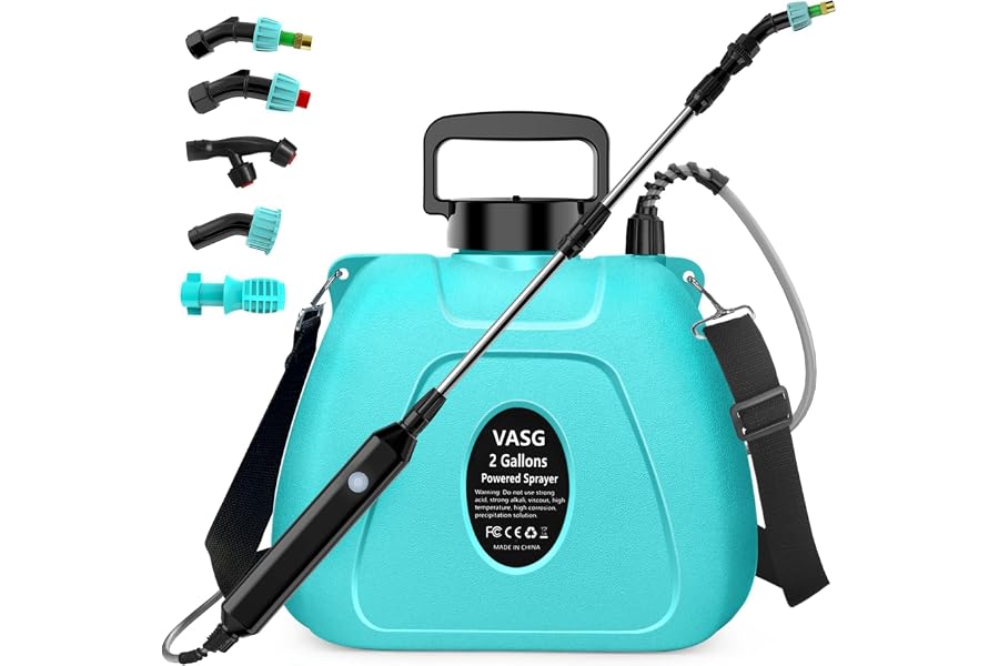 VASG Battery Powered Sprayer 2 Gallon, Powerful Electric Weed Sprayer Pump | Garden Sprayer with USB Rechargeable Handle, 5 Mist Nozzles, Retractable Wand, Adjustable Strap for Lawn, Yard