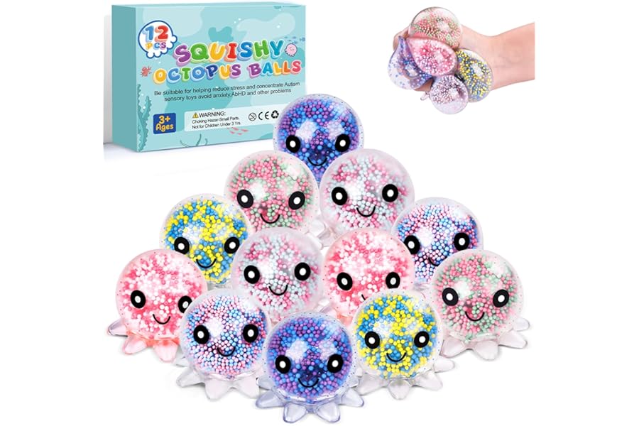 VESPRO 12 Pack Fidget Stress Balls for Adults, Cute Octopus Stress Ball | Stress Sensory Stress Ball, Bulk Squishy Squeeze Ball Toys Set for Classroom Prizes and Birthday Party Favors