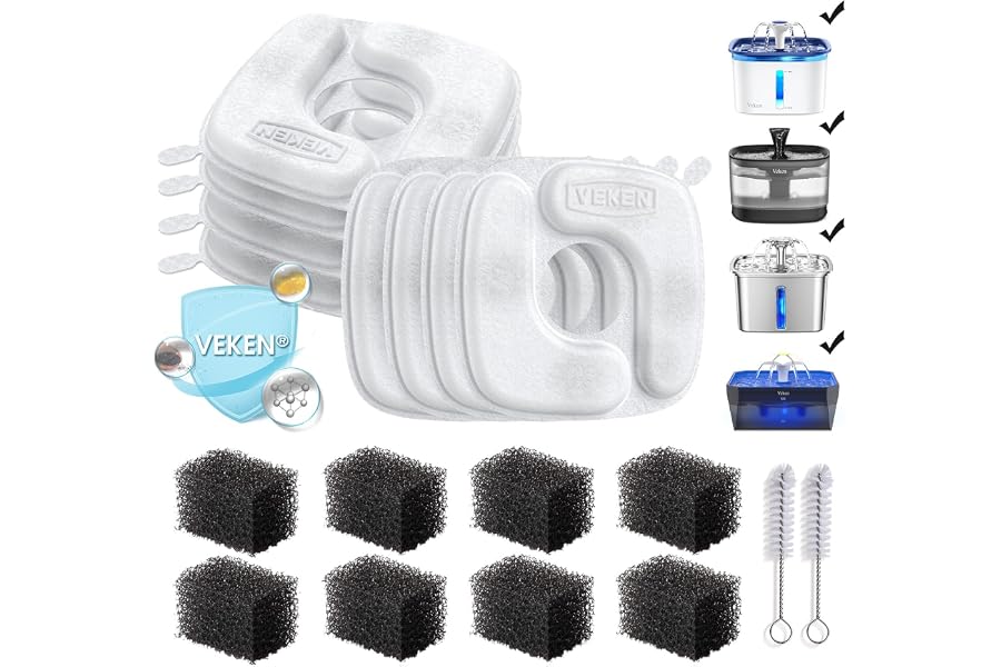 Veken Cat Water Fountain Filters, 8 Pack Replacement Filters | and 8 Pack Replacement Pre-Filter Sponges Set for 50oz, 84oz, 95oz or 108oz Automatic Pet Fountain Dog Water Dispenser