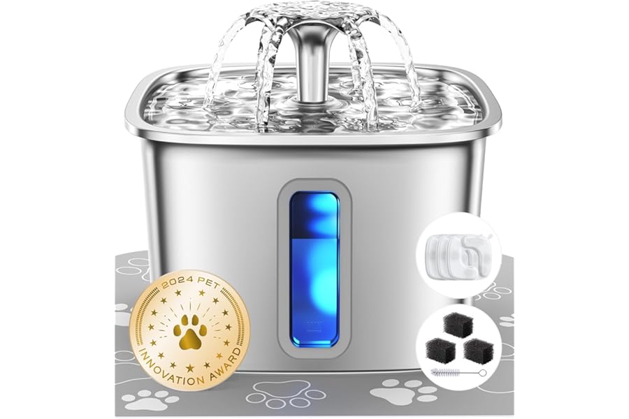 Veken Innovation Award Winner Stainless Steel Cat Water Fountain, 108oz | Automatic Pet Fountain Dog Water Dispenser with 3 Replacement Filters & Silicone Mat, Gifts for Cats, Dogs (Silver)