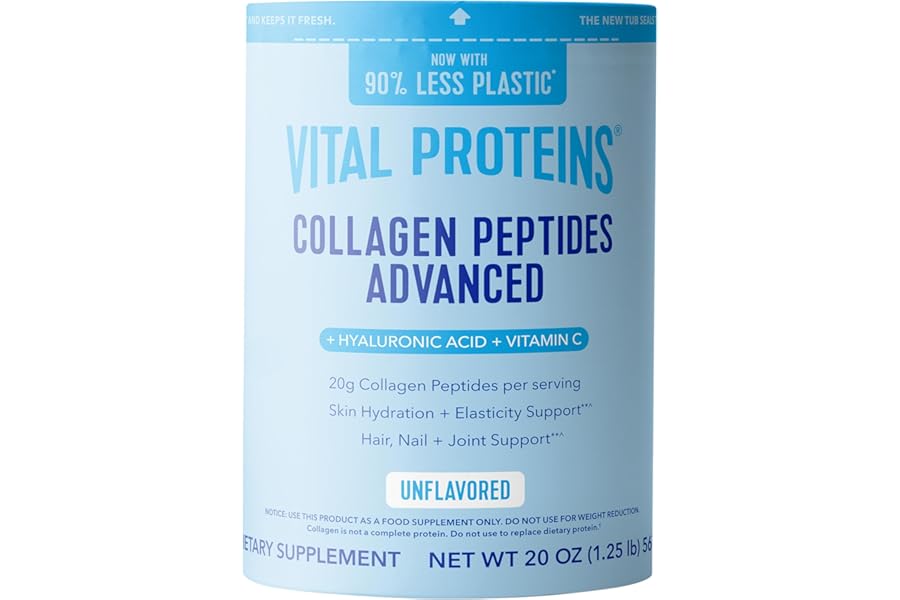 Vital Proteins Collagen Peptides Powder Advanced with Hyaluronic Acid & Vitamin C, 20oz Collagen Protein, Unflavored, 27 Servings