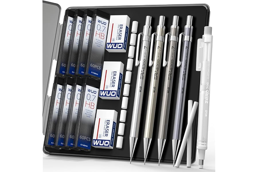 WUO 0.7mm Metal Mechanical Pencil Set, 4 Pack with Eraser Pen | 480 HB Lead Refills, 3 4B Erasers, 10 Eraser Refills, Storage Case for School Writing, Drafting, Sketching