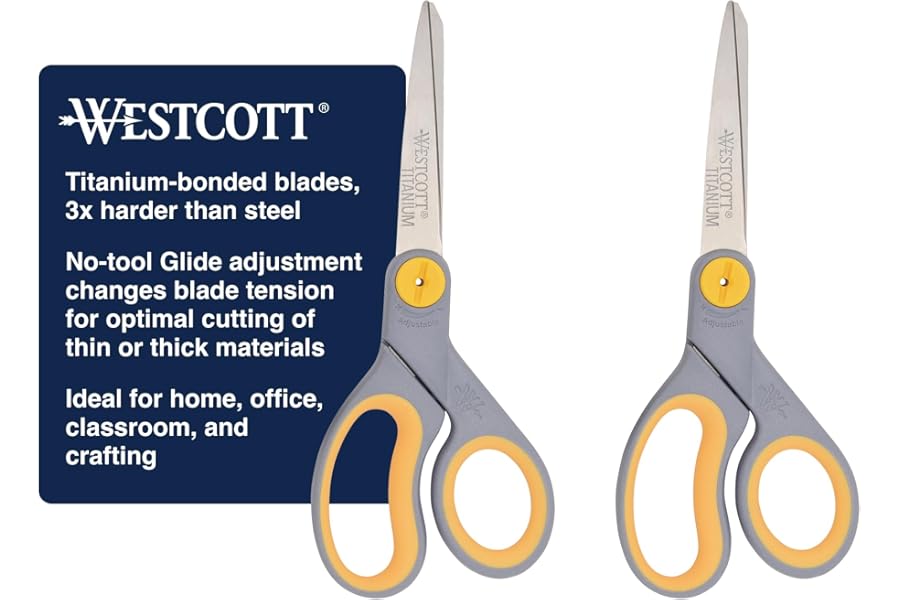 Westcott 8” Titanium Bonded Scissors with Adjustable Glide and Soft Handle, 2-Pack- Durable Multipurpose Scissors for Office, Home, and School Use, Sharp Precision Blades for Everyday Cutting