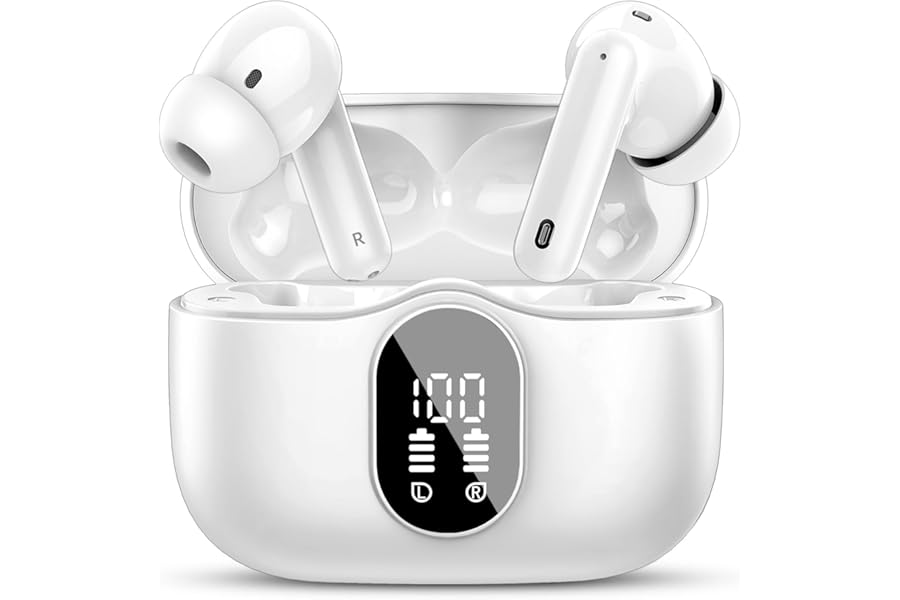 Wireless Earbuds, Bluetooth 5.4 Headphones Bass Stereo, Ear Buds with Noise Cancelling Mic, LED Display in Ear Earphones Clear Calls, IP7 Waterproof Bluetooth Earbuds for Phones/Sports/Laptop, White