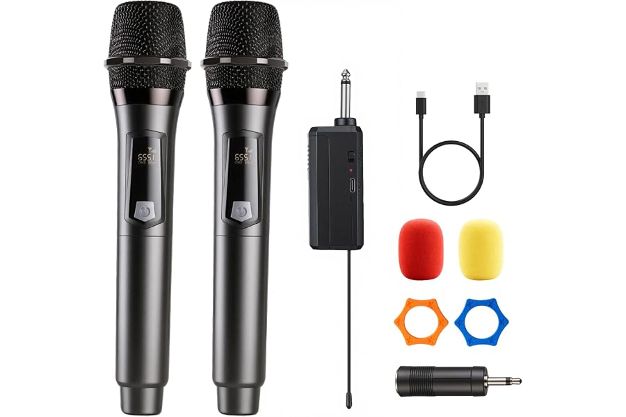Wireless Microphone, Rechargeable Fixed Frequency Handheld Wireless Mic, Dual Cordless Dynamic Mic with Rechargeable Receiver-160ft Range, Karaoke Microphone for Party Singing Church Speech DJ Wedding