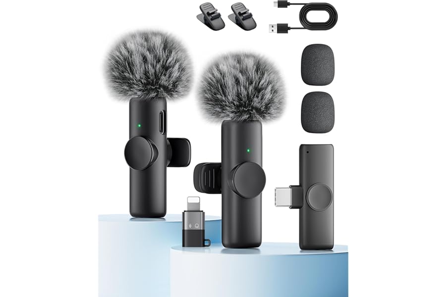 Wireless Microphone for iPhone iPad and Android Phone, 2 Pack Wireless Lavalier Lapel Mic with Noise Reduction, Plug and Play Mini Microphone for Video Recording Interview Podcast YouTube TikTok Vlog