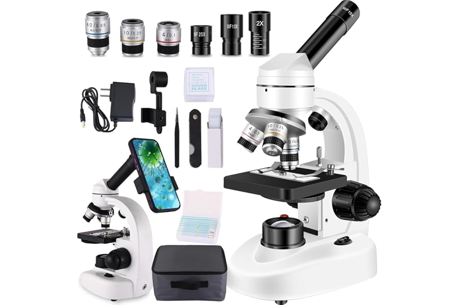 Woehrsh Compound MicroscopeWF10x and WF25x Eyepieces, Slides for Students, Home School Lab Microscope for Adults Suitable for Laboratory School (Bright White)