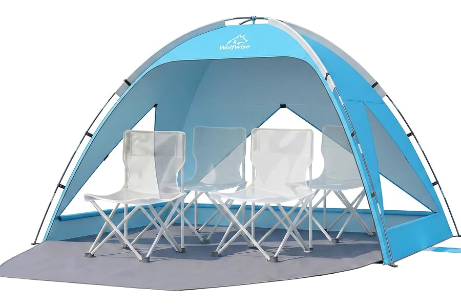 Wolfwise Portable Beach Tent Sun Shelter, Large Spacious Sun Shade for 3-4 Person, UPF 50+ UV Protection, Extendable Floor for Privacy, 3 Ventilated Mesh Windows, Carrying Bag, 95 ″x65″x55″, Sky Blue