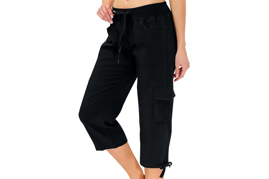 Women's Outdoor Quick Dry Cargo Capri Pants Summer Elastic High Waist Drawstring Cropped Jogger Capris Pockets