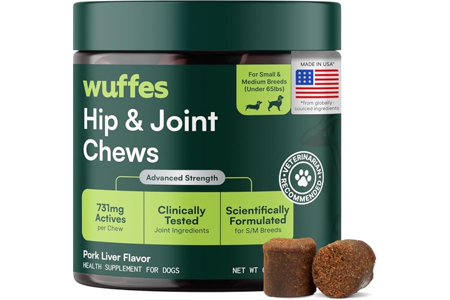 Wuffes Advanced Dog Hip and Joint Supplement with Glucosamine, Chondroitin, Omega 3, MSM, and Green Lipped Mussel, 60 Pork Flavored Chews for Small and Medium Dog Breeds