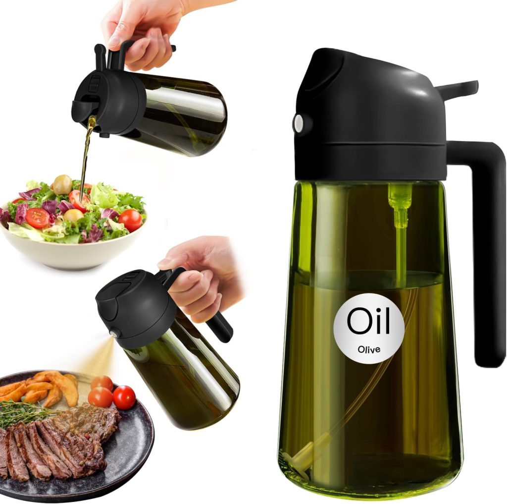 YARRAMATE Dispensador de Aceite de Oliva Juego con Scuro Protezione Dalla Luce, 470ml 2 en 1 Spray de Cocina, Verde Pulverizador de Aceite de Calidad Alimentaria (Negro)