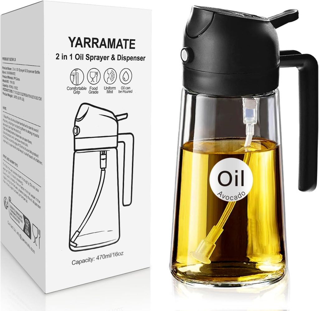 YARRAMATE Pulverizador de Aceite para Cocinar, Botella Dispensadora de Aceite de Oliva 2 en 1 para Cocina, Botella de Aceite de Vidrio de 16 oz/470 ml para Freidora de Aire, Barbacoa (Negro Obsidiana)