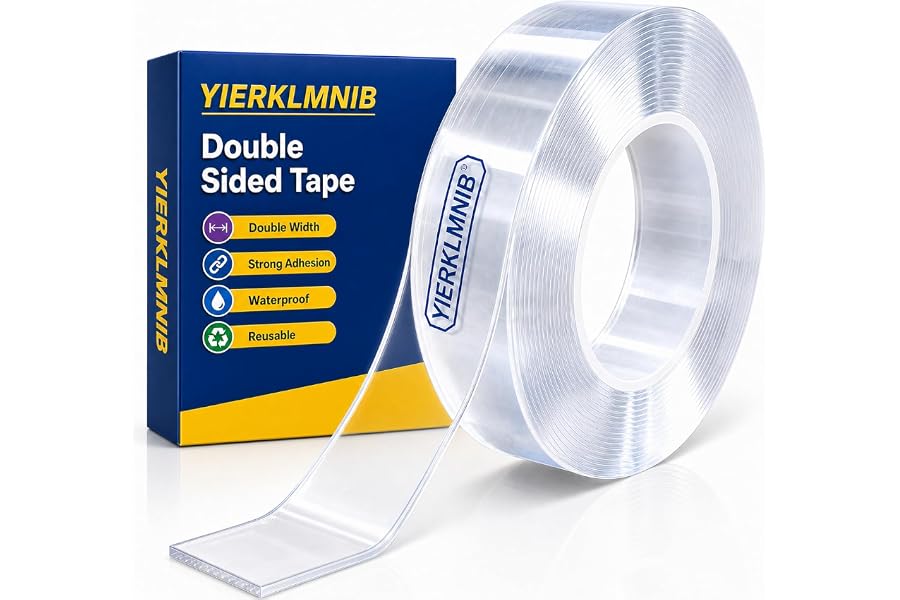 YIERKLMNIB Double Sided Tape Heavy Duty, Nano Clear Mounting Tape, Picture Hanging Poster Carpet Tape for Walls, Dorm Office School Outdoor, Removable Adhesive【1 Rolls】（9.85FTx1.2in