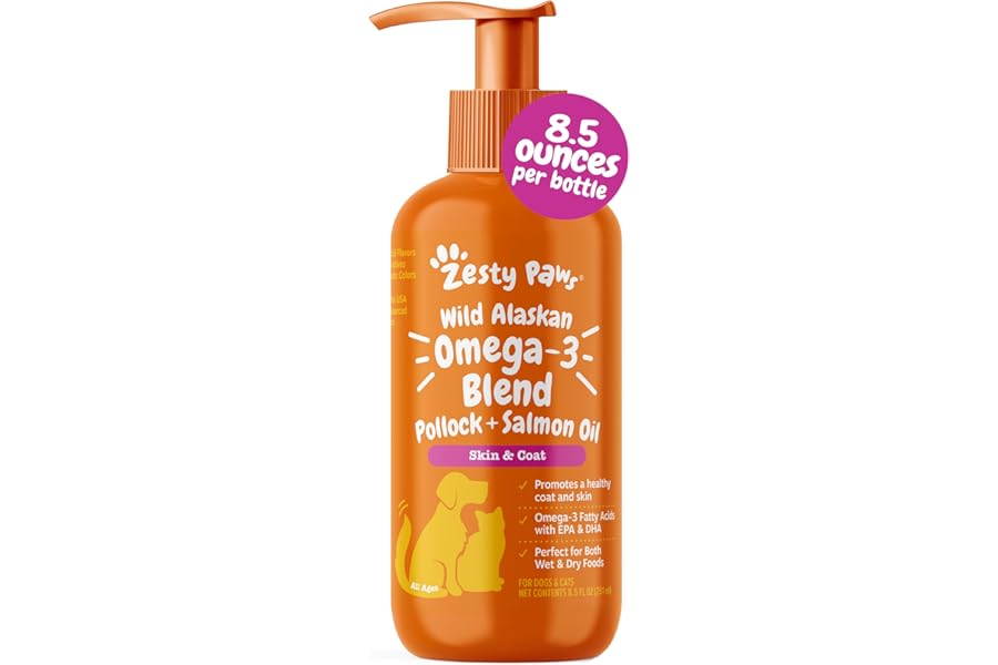 Zesty Paws Wild Alaskan Omega-3 Blend Pollock + Salmon Oil for Dogs and Cats- Skin and Coat Support, Omega 3 Supplement for Pets, 8.5oz