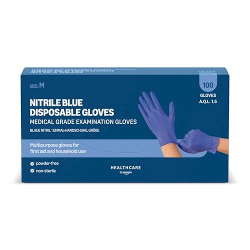 by Amazon Guantes Desechables de Nitrilo Azules, sin Polvo, sin Látex, Talla M, Paquete de 100