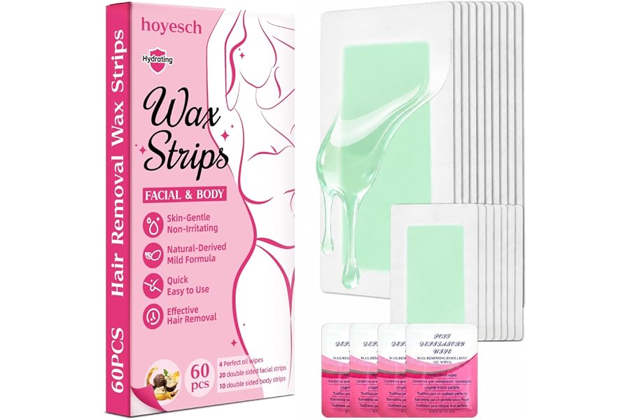 hoyesch 60 PCS Wax Strips - 40 Facial & 20 Body Waxing Kit for Women‘s Hair Removal,Wax Strips for Face,Eyebrow,Body, Arms, L