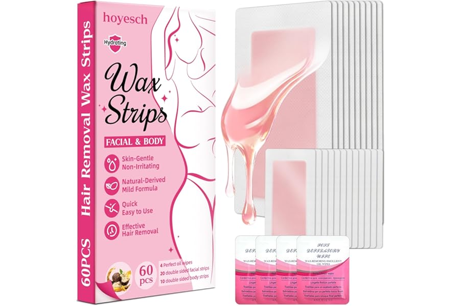 hoyesch 60 PCS Wax Strips - 40 Facial & 20 Body Waxing Kit for Women’ s Hair Removal,Wax Strips for Face,Eyebrow,Body, Arms,