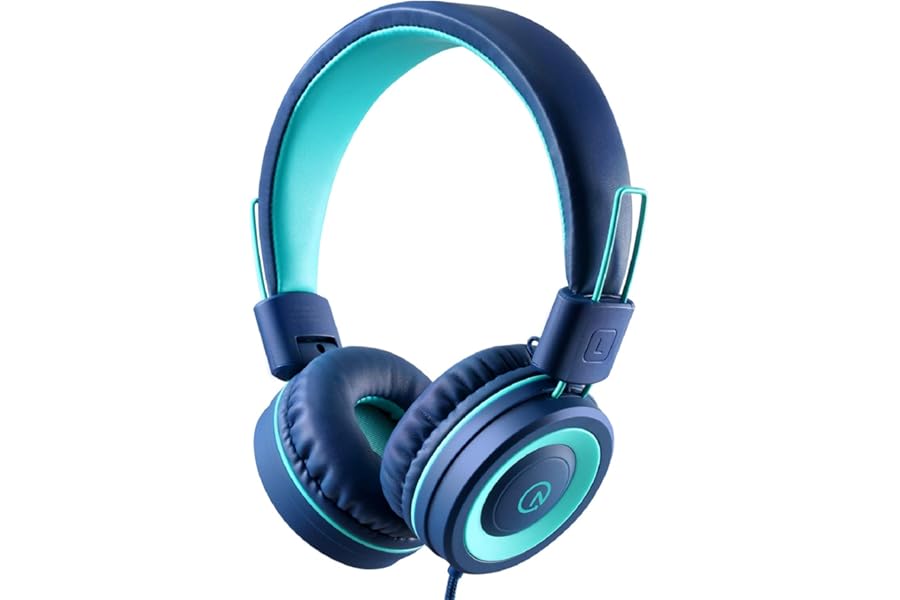 noot products K11 Kids Headphones with Wired Cord 3.5mm Jack Navy/Teal | 5ft Long Cord, Tangle Free, Foldable, Plug in On-Ear Headset for School, Classroom, Boys, Girls, Toddler Laptop Travel Tablet