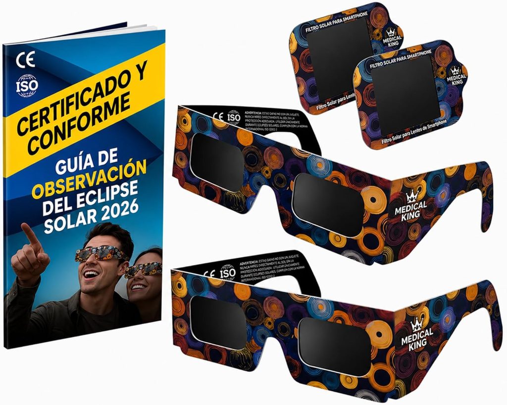 12 Gafas Eclipse Solar Homologadas ISO 12312-2 - Paquete de 12 Con 2 Lentes Fotográficos Para Smartphone Aprobados según la norma ISO, con certificación CE: Gafas para ver eclipses solar 2026