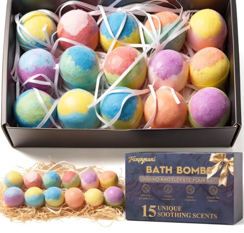 15 Pack Bath Bombs Gift Set for Women - 15 Unique Scents & Colors, Organic Handmade Bubble Bath Balls with Essential Oils & Shea Butter, Relaxing Spa Fizzies, Birthday Gifts for Mom Wife