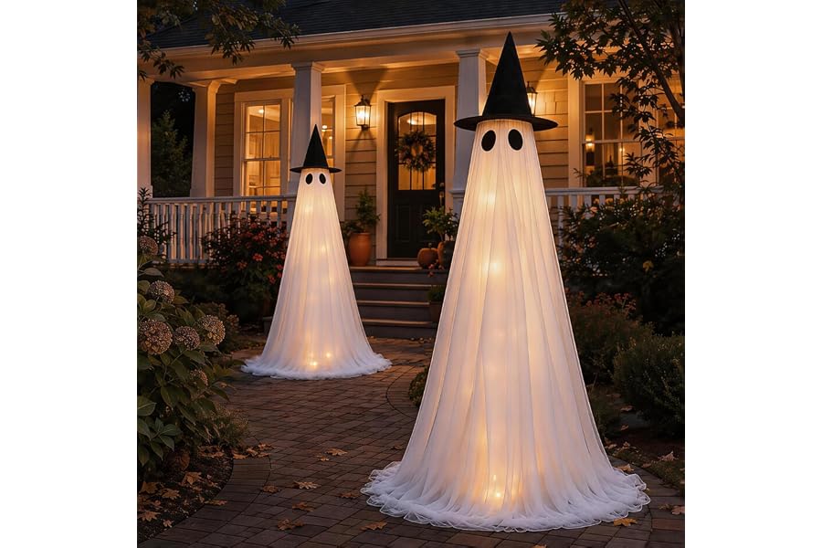 2 Pack 5 Ft Large Light Up Ghost Decor - Halloween Decorations Outdoor | Double-layered fabric, water bags and stakes, 8 light modes with timer, battery or USB power for porch and lawn