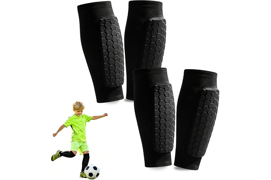 2 Pairs Soccer Shin Guards Kids with Honeycomb Pads | Shin guards soccer with Honeycomb shock-absorbing pads suitable for Pickleball Football Ski MTB