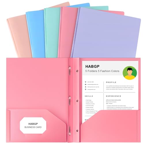 2 Pocket Folder with Prongs (5 Pack, Pastel), Plastic Folders with Pockets