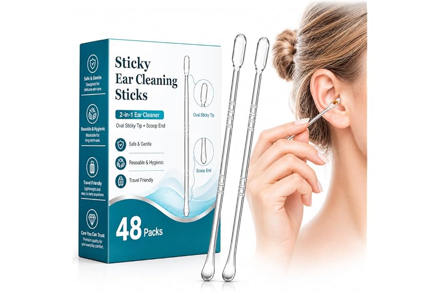 2-in-1 Sticky Ear Wax Remover, Dual-Ended Ear Cleaning Stick with Adhesive Tip & Ear Scoop, Gentle Reusable Ear Cleaner for Adults & Kids, Portable Travel Ear Care Kit (48 Count)