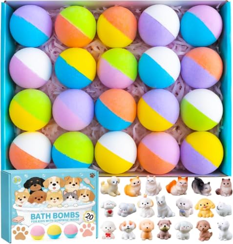 20 Pack Bath Bombs with Toys Inside Bath Bombs for Kids Toddlers Girls Boys Kids Bath Bombs with Surprise Dog Cat Figures Bubble Bath Toys Bulk Stocking Stuffers Birthday Christmas Gift for Kids