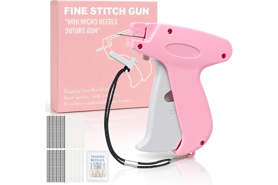 2026 New Stitch Gun for Clothes, Handheld Tagging Gun Quick Clothing Fixer Sewing Kit with 6 Replacement Needles, 1000 Black & 1000 White Fasteners (Pink-Gray)