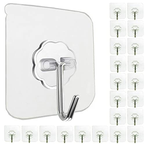 24 Pack Adhesive Wall Hooks 33LB Heavy Duty No Drill Clear Sticky Hooks