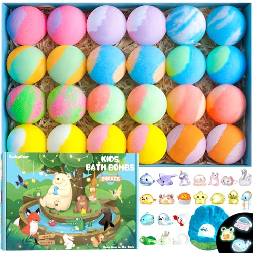 24 Pack Kids Bath Bombs with Glow-in-The-Dark Toys, Child Safe Bath Bombs