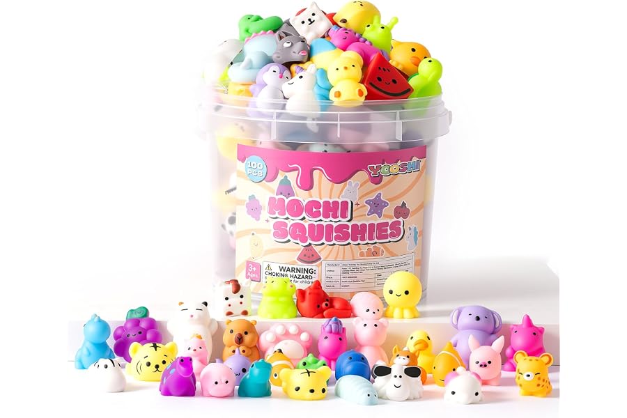 25 Pack Squishy Toys, Mochi Squishy Animals for Kids, Kawaii Slow Rising Squishies, Cute Sensory Fidget Toys for Kids, Party Favors, Treasure Box Prizes, Classroom Prizes in Storage Bucket