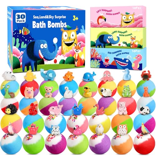30 Pack Bath Bombs for Kids with Toys Inside, Kids Bath Bombs Gift Set with 30 Sea & Land & Sky Animal Surprise Toy, Child-Safe Natural Bubble Bath Toys, Birthday Gifts for Kids Boys Girls
