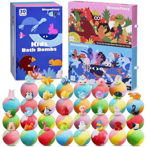 30 Pack Kids Bath Bombs with Land & Sea Animal Toys, Dual-Themed Gift Boxes