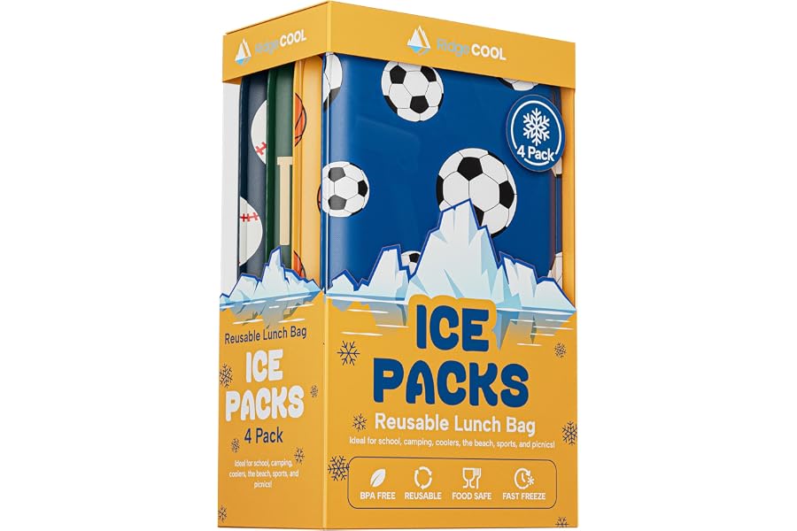4 Pack Slim Ice Packs for Lunch Boxes, Reusable Kids Cold Packs for Coolers | Fun Sports Design, 4.5"x6" Stays Cold Up to 12 Hours, Small Ice Packs for Kids, BPA-Free