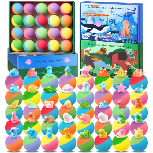 40 Kids Bath Bombs with Ocean & Jungle Animal Toys, Dual-Themed Gift Boxes