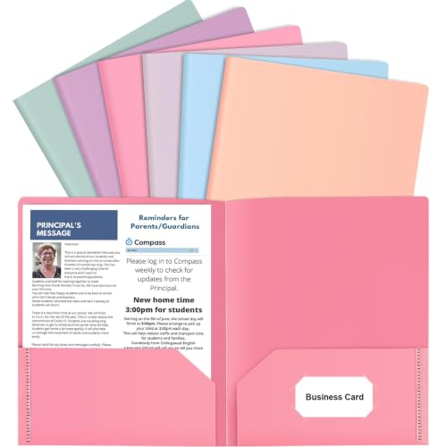 6 Pack Colored File Folders with Pockets, Pastel Pocket Folders, Plastic