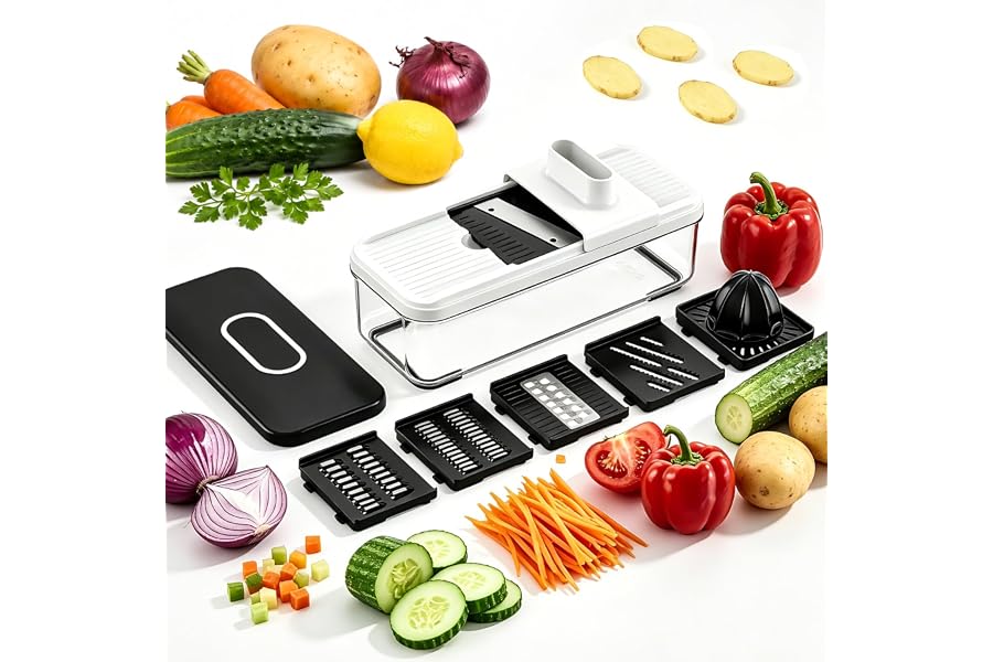 7-in-1 Mandoline Vegetable Slicer, Multi-Purpose Food Chopper & Grater with 5 Interchangeable Blades, Adjustable Julienne Cutter with Container & Safety Guard, Kitchen Gadget for Meal Prep